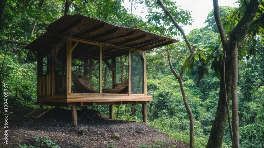 Wooden cabin in the forest, surrounded by lush greenery, peaceful retreat. Wooden cabin in the forest, surrounded by lush greenery, peaceful retreat.