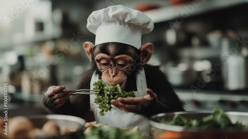 In a whimsical kitchen scene, a chimpanzee chef relishes fresh greens, combining culinary art with a playful depiction of taste and delight in cuisine. photo