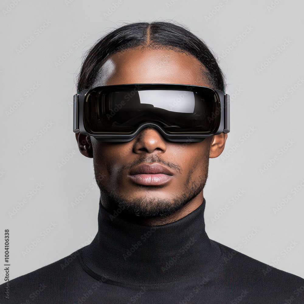 Man in futuristic goggles against plain backdrop Man in futuristic goggles against plain backdrop