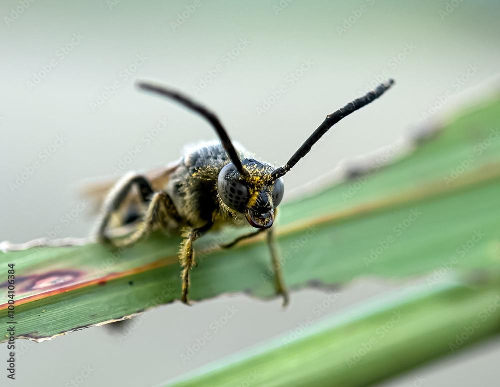 Close up of wasp, scoliid wasp (Scoliidae), macro shot of scoliid wasp perched on wild plants Close up of wasp, scoliid wasp (Scoliidae), macro shot of scoliid wasp perched on wild plants