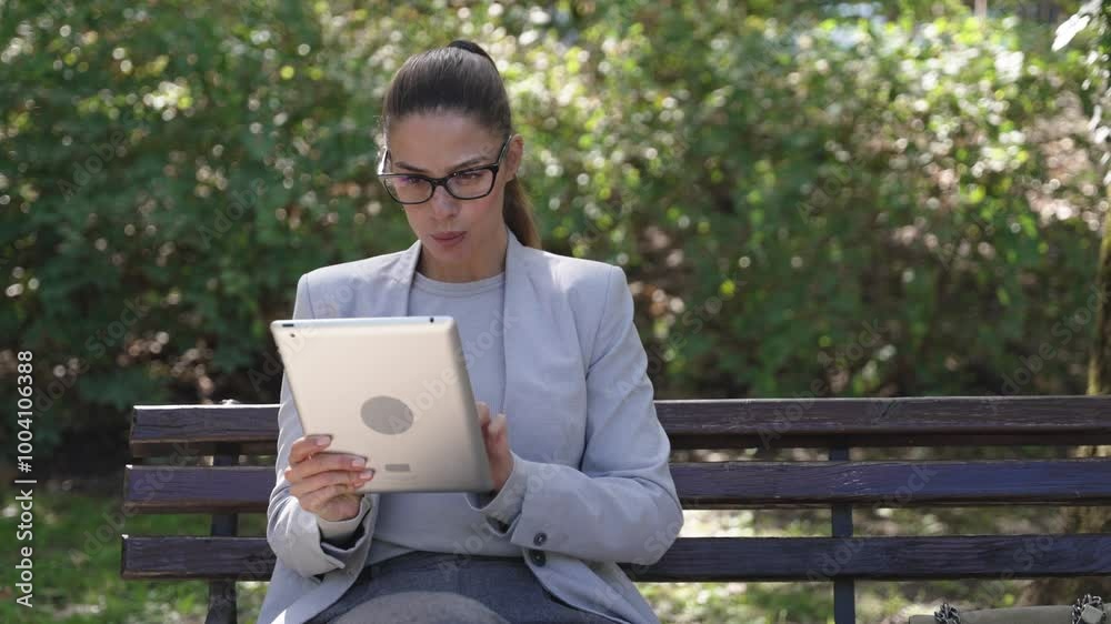 Caucasian successful young businesswoman working on digital tablet while sitting on bench in financial district park of city. Female businessperson office worker work on global business project Caucasian successful young businesswoman working on digital tablet while sitting on bench in financial district park of city. Female businessperson office worker work on global business project
