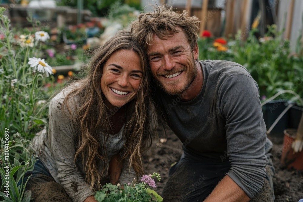 Fototapeta premium A joyful couple with dirt-covered clothes and hands, happily tending to plants in a flower-filled garden, showing their love for gardening and nature's beauty.