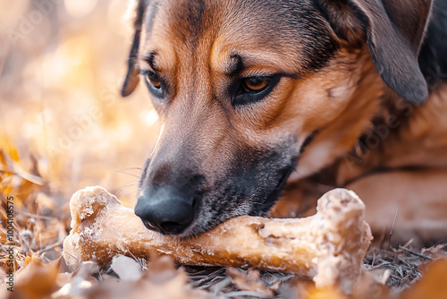 a dog playing with a bone photo