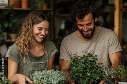 A couple, smiling fondly at their plants, shares a joint moment of joy and relaxation while tending to their indoor greenery, exuding warmth and companionship. photo