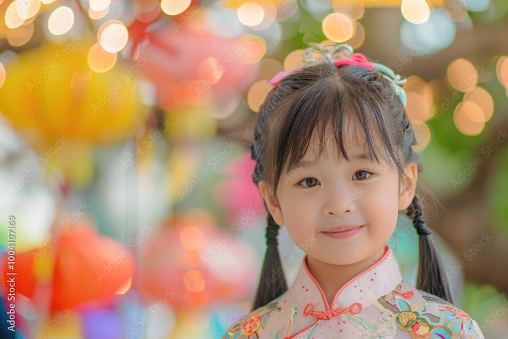 A young girl wearing traditional Chinese clothing poses for the camera