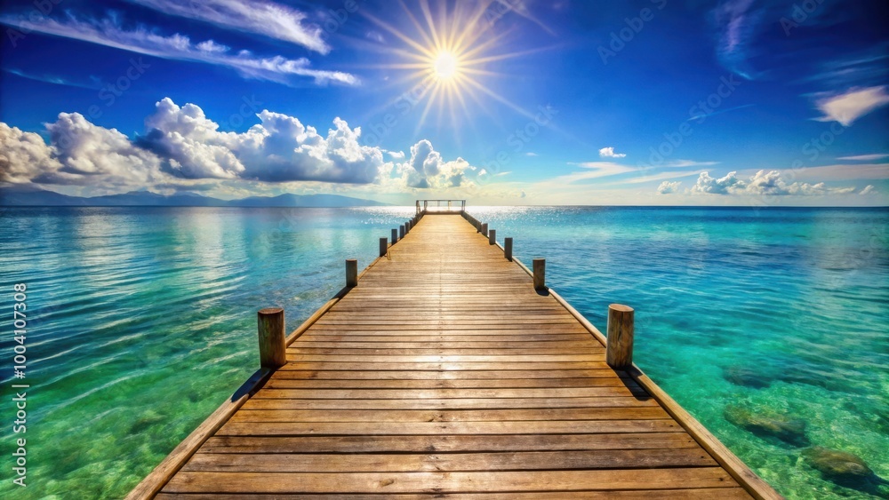 Fototapeta premium Sunny summer day at the charming rustic wooden pier with ocean view