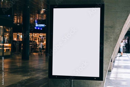 Fototapeta Naklejka Na Ścianę i Meble -  Clear Billboard in public place with blank copy space screen for advertising or promotional poster content, empty mock up Lightbox for information, blank display in station area with daylight