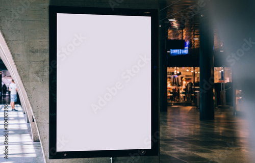 Fototapeta Naklejka Na Ścianę i Meble -  Clear Billboard in public place with blank copy space screen for advertising or promotional poster content, empty mock up Lightbox for information, blank display in station area with daylight