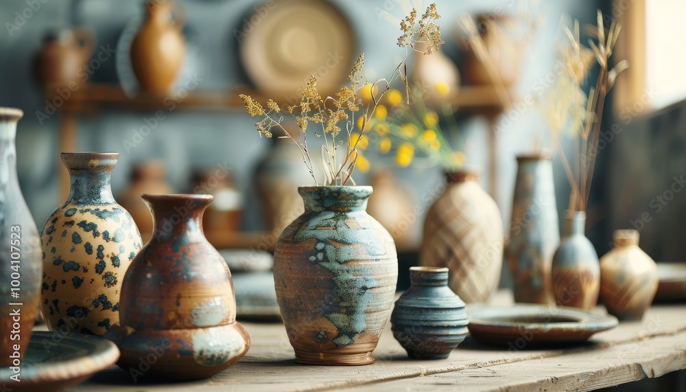 Ceramic Vases with Dried Flowers on Wooden Table Ceramic Vases with Dried Flowers on Wooden Table