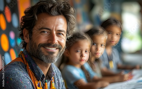 a person smiling with children behind him