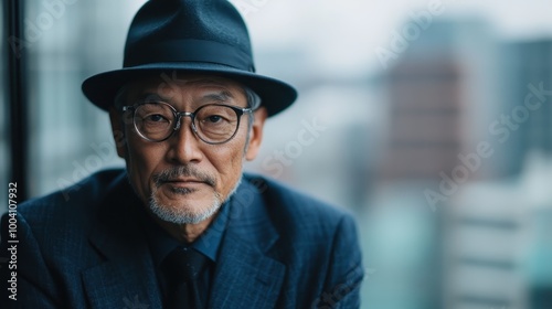 A dignified elderly man with a beard and stylish hat, seated against a cityscape view, representing maturity and thoughtful contemplation in an urban setting.