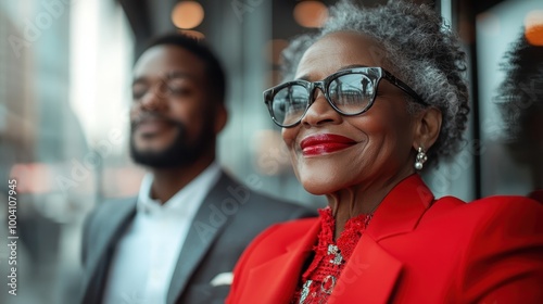 An elegant older woman in a vibrant red outfit and sunglasses, smiling confidently, with a man in a suit blurred in the background, reflecting urban sophistication.