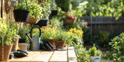 Gardening tools and potted plants on a wooden table, sunny outdoor setting.