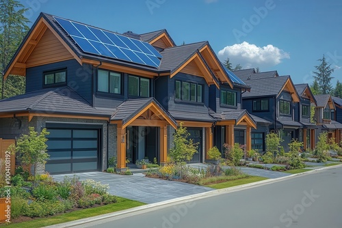 a row of picturesque houses topped with solar panels symbolize clean energy innovation reflecting a commitment to sustainability and modern living