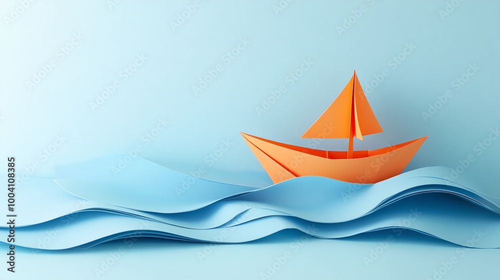 An orange paper boat sails on blue paper waves. An orange paper boat sails on blue paper waves.