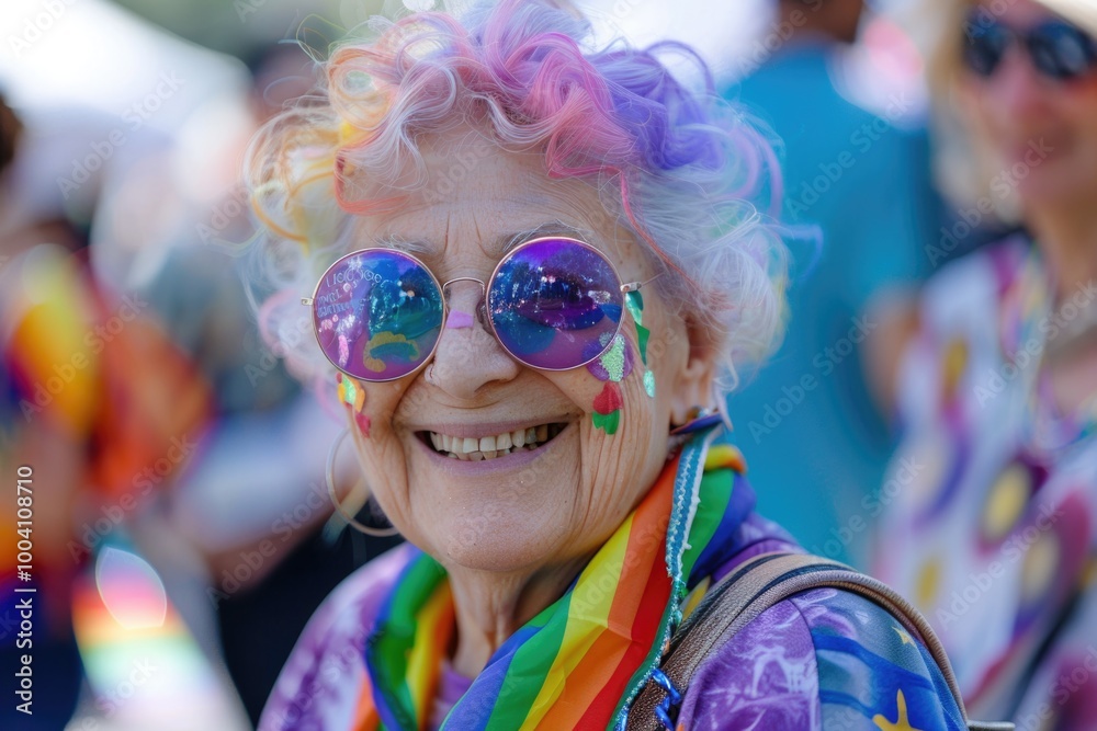 A senior woman wearing sunglasses and a rainbow scarf, perfect for a variety of uses including lifestyle, fashion, and travel