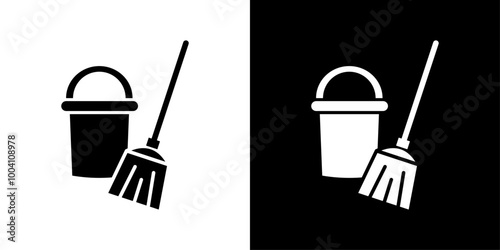 besom with stick and pail icon Flat art illustration in outline