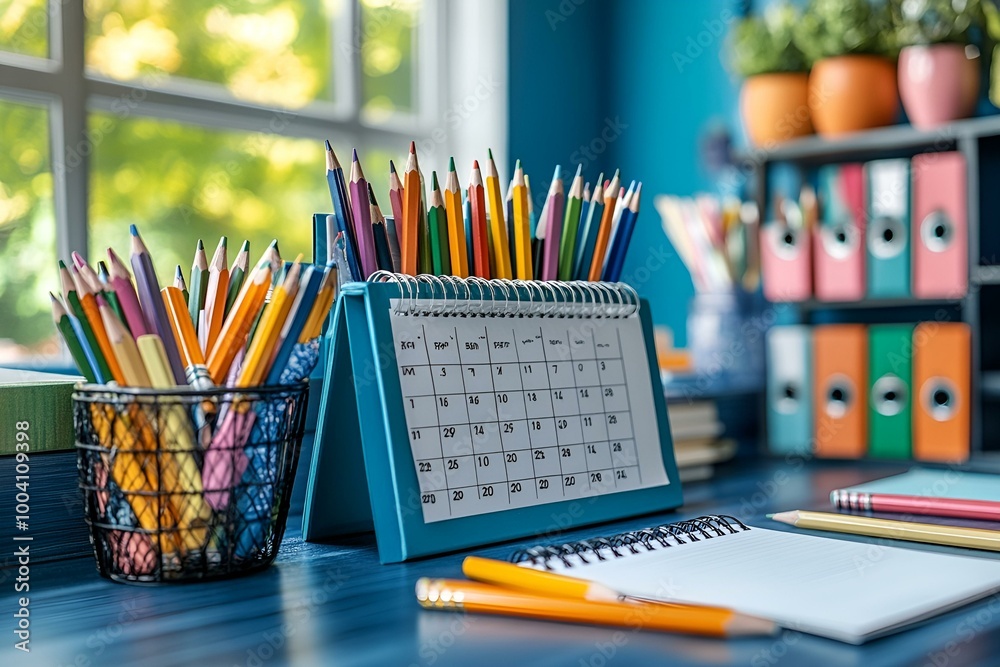 a desk with a calendar and pencils
a desk with a calendar and pencils