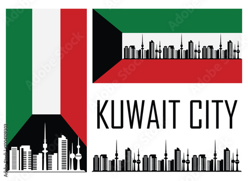 Skyline of Kuwait City with a modern cityscape silhouette against the Kuwaiti flag, combining national pride and urban architecture. It is ideal for tourism, promotional content. Kuwait Flag. EPS 10.