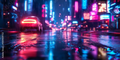 Beautiful neon night in a cyberpunk city. Photorealistic 3d illustration of the futuristic city. Empty street with blue neon lights, Generative AI