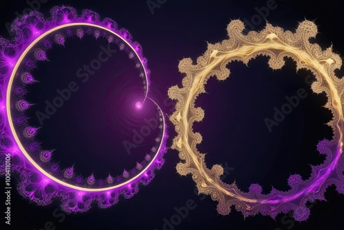 Bold Purple and Gold Fractal Swirl Artwork on Dark Navy Background for Electronic Music Event photo