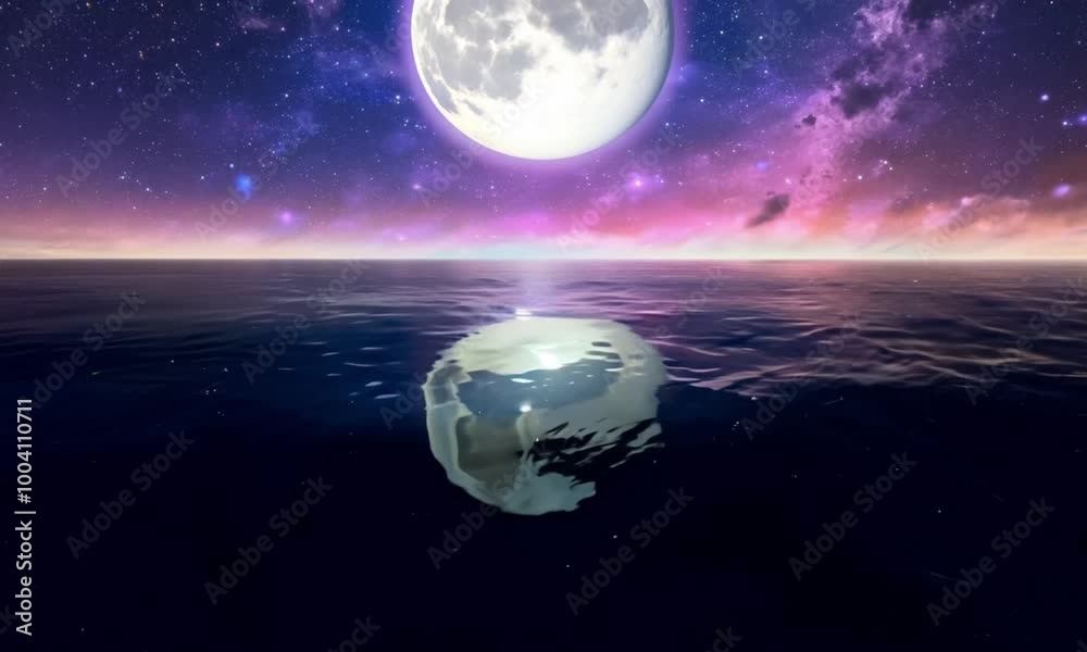 Full Moon Over Starry Night Sky and Lilac Pink Sunset at Sea Full Moon Over Starry Night Sky and Lilac Pink Sunset at Sea