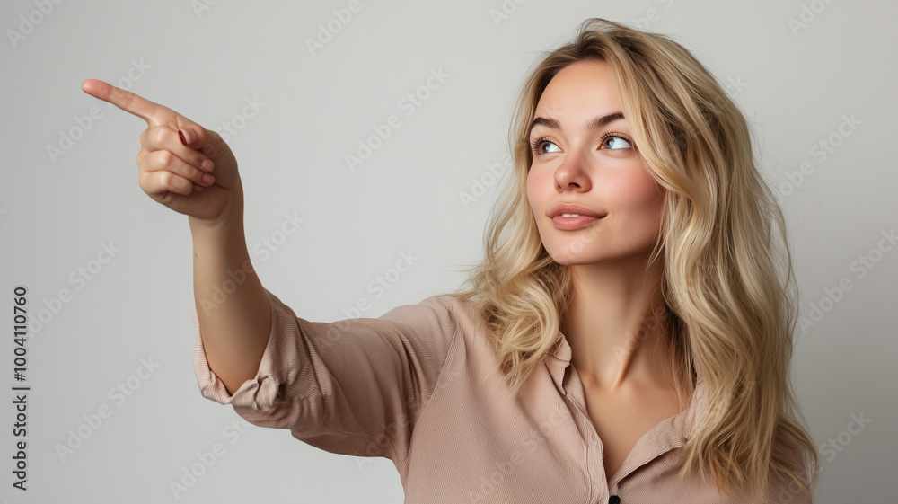 Blonde lady in a casual shirt pointing towards the upper right corner with a confident expression, studio shot with bright lighting. Ai generated Blonde lady in a casual shirt pointing towards the upper right corner with a confident expression, studio shot with bright lighting. Ai generated