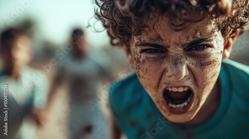 A young boy covered in mud, with curly hair, stares intensely while yelling, expressing raw emotion and energy. Two figures are blurred in the background.