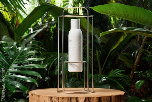 Innovative Modern Product Display on a Metallic Holder in a Lively Tropical Rainforest Setting with Rich Green Foliage photo