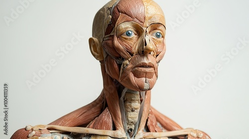 The third image features a front view of an anatomical model highlighting the structural complexity of human muscles, nerves, and partial brain anatomy. photo