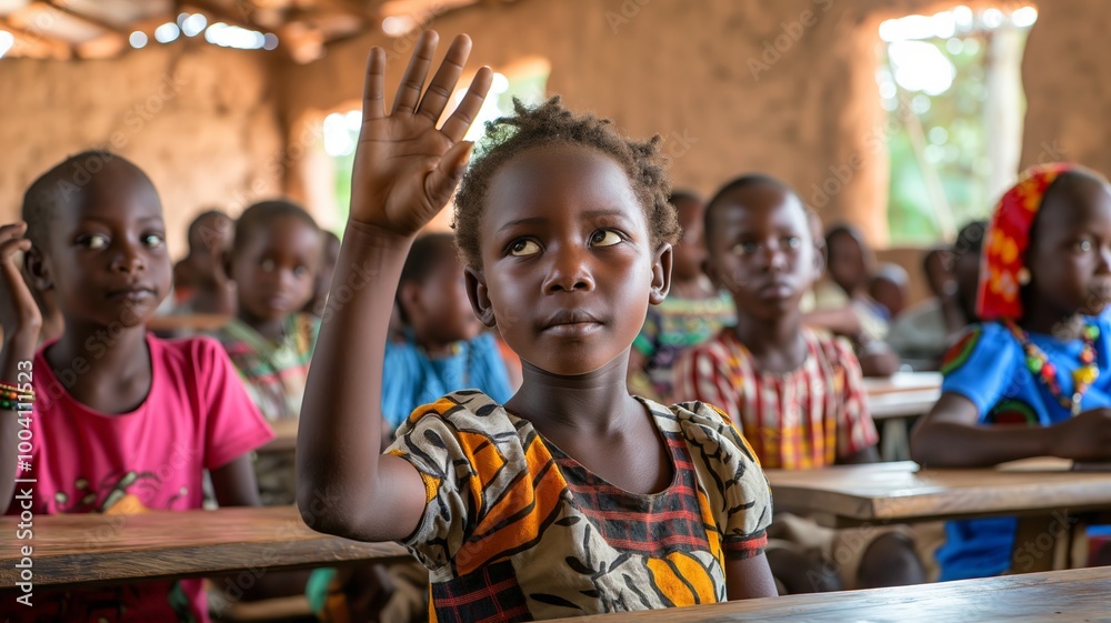 Engaged african children learning in classroom with raised hand and curiosity Engaged african children learning in classroom with raised hand and curiosity