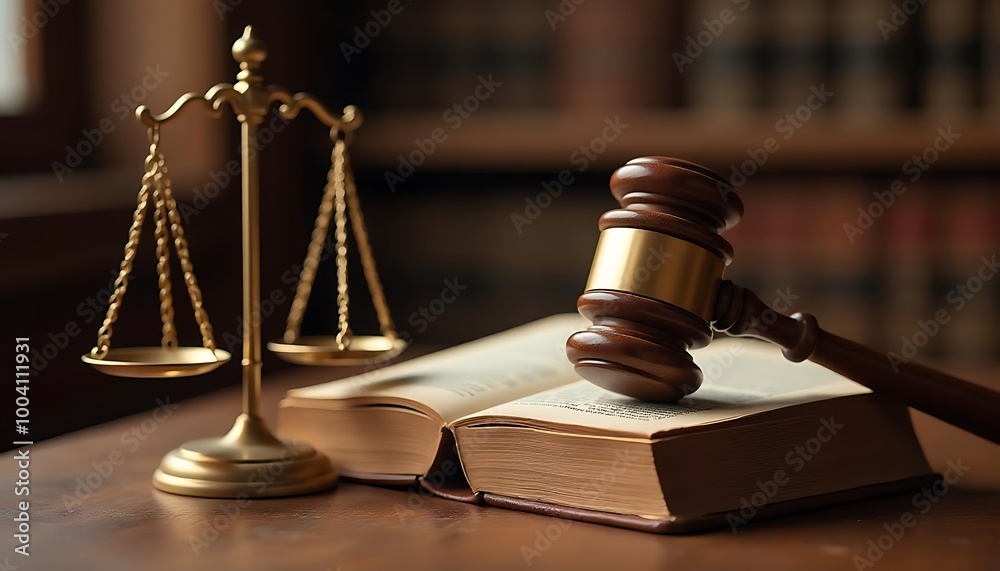 Judicial system and legal practice presented by a legal book with justice scale and gavel in a law library Judicial system and legal practice presented by a legal book with justice scale and gavel in a law library