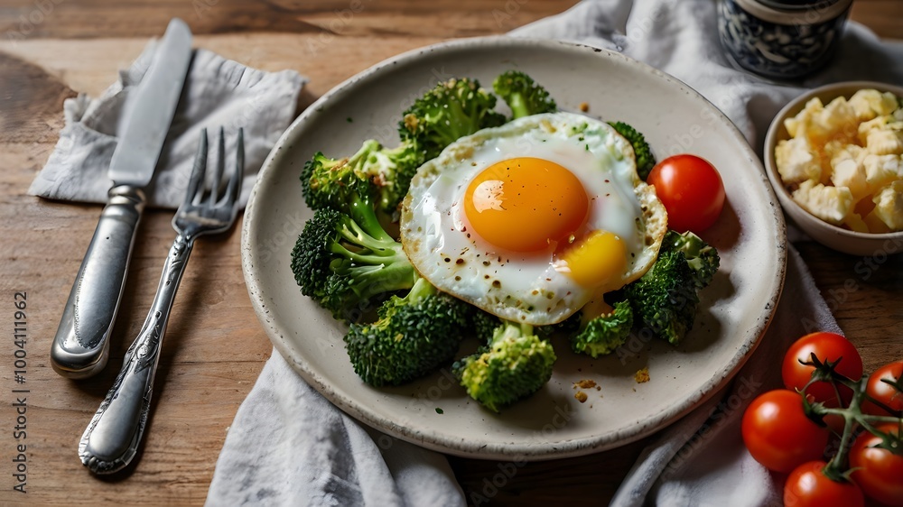 Fried egg with vegetables, healthy organic farmer's meal photo, simple local homemade food Fried egg with vegetables, healthy organic farmer's meal photo, simple local homemade food
