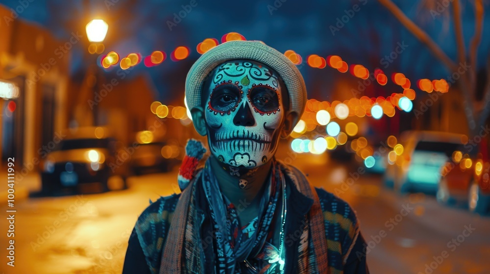 A person with a skull-inspired face design A person with a skull-inspired face design