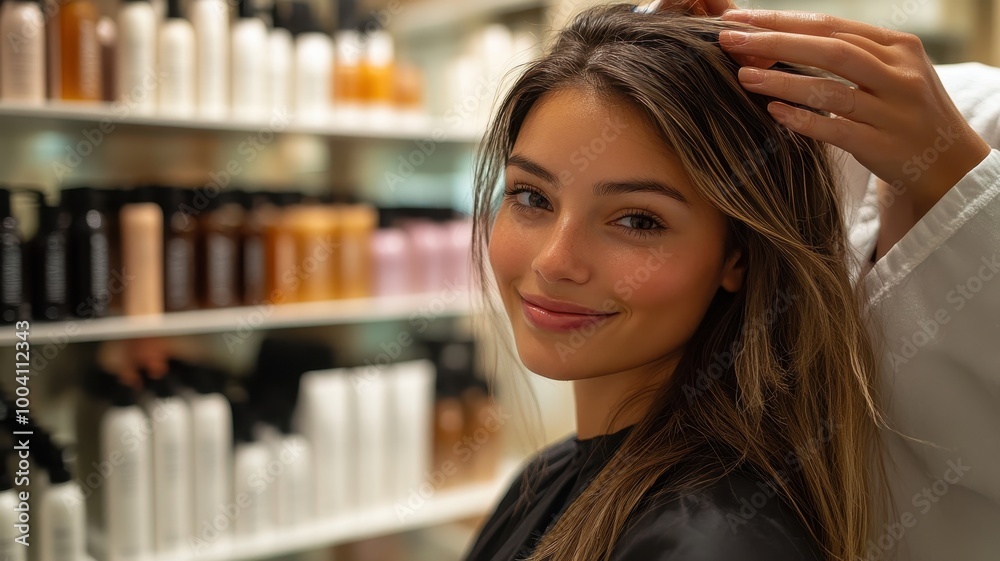 Happy client smiling after hair treatment in salon. Hair care, beauty, and styling concept. Happy client smiling after hair treatment in salon. Hair care, beauty, and styling concept.
