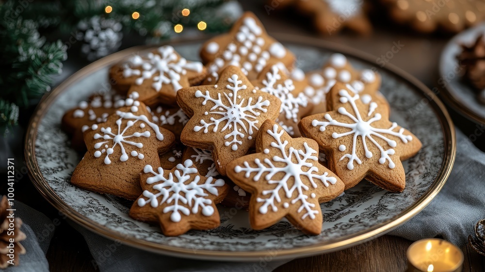 Plate of Festive Gingerbread Cookies with Icing, Christmas Baking Concept Plate of Festive Gingerbread Cookies with Icing, Christmas Baking Concept