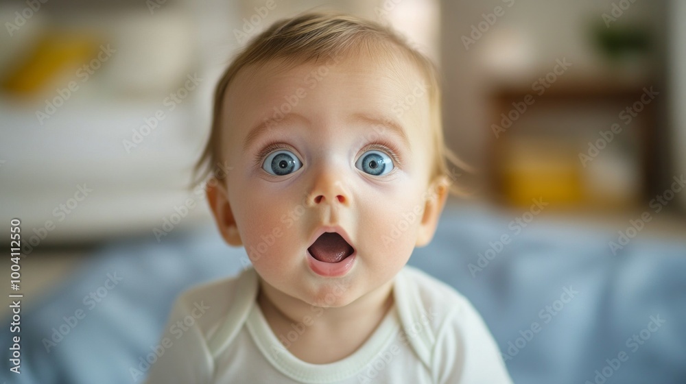 A baby with blue eyes and a surprised expression A baby with blue eyes and a surprised expression
