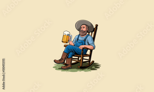 Relaxed man enjoying beer on a rocking chair.