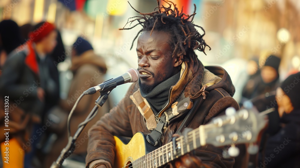Homeless street musician performing with acoustic guitar in vibrant urban setting Homeless street musician performing with acoustic guitar in vibrant urban setting