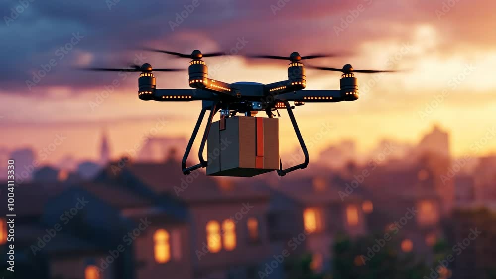 A drone flies over a city at sunset, carrying a package for delivery