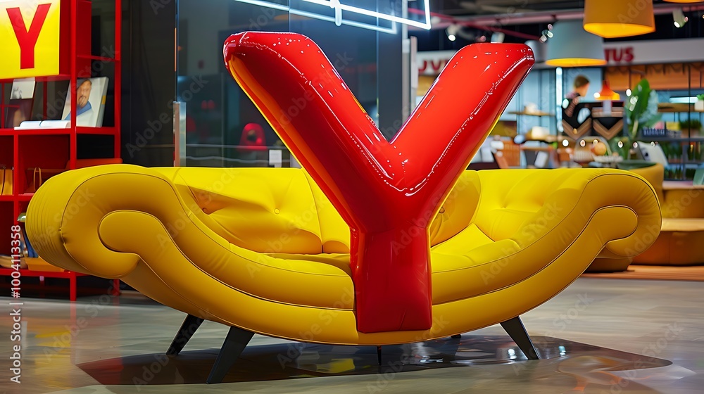 voluminous red letter Y on a yellow sofa in a furniture store voluminous red letter Y on a yellow sofa in a furniture store