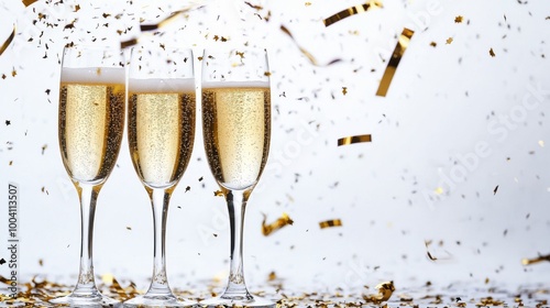 Elegant New Year's Eve party decor with champagne glasses, golden streamers, and confetti falling, isolated on a white background for stock photo applications