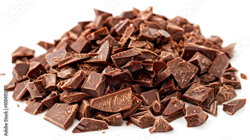 A detailed image featuring chopped dark chocolate chunks, ideal for dessert recipes, chocolate bars, and culinary projects. Keywords include baking, cacao, candy, and cooking