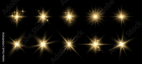 Set of golden glowing sparkles and stars, shining bursts with glitters and sequins around. Group of light effects on the black background. Vector illustration.