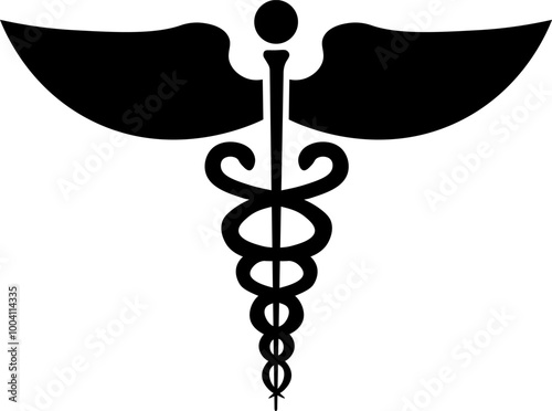 Medical caduceus silhouette. Rod of Asclepius. Medical symbol icon. Snake and stick with wings. Medicine logo. Healthcare. Isolated on white background. Vector illustration.
