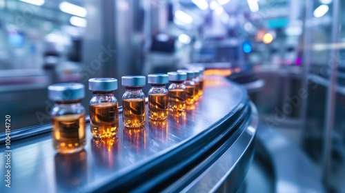 Medical vials moving along a highly automated conveyor belt in a modern pharmaceutical manufacturing facility, with high-tech machinery in the background, photo