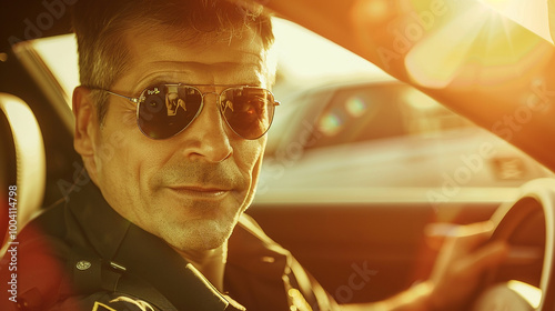 A handsome police officer drives a car with one hand on the steering wheel. photo