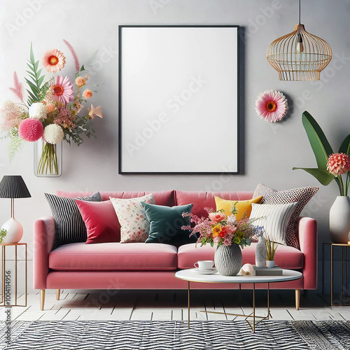 modern living room with a pink sofa