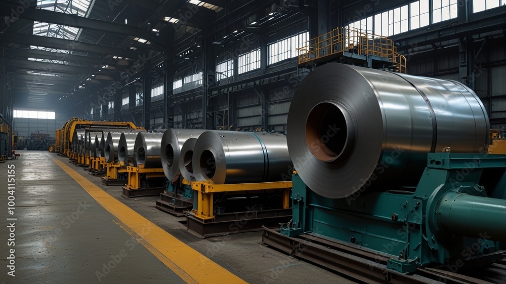 Automated steel rolling in a modern plant, showcasing robotic manufacturing technology Automated steel rolling in a modern plant, showcasing robotic manufacturing technology
