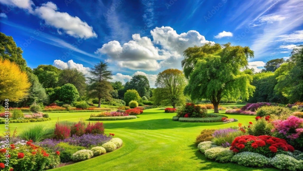Picturesque green park with lush trees and vibrant flowers under a clear blue sky with fluffy white clouds Picturesque green park with lush trees and vibrant flowers under a clear blue sky with fluffy white clouds